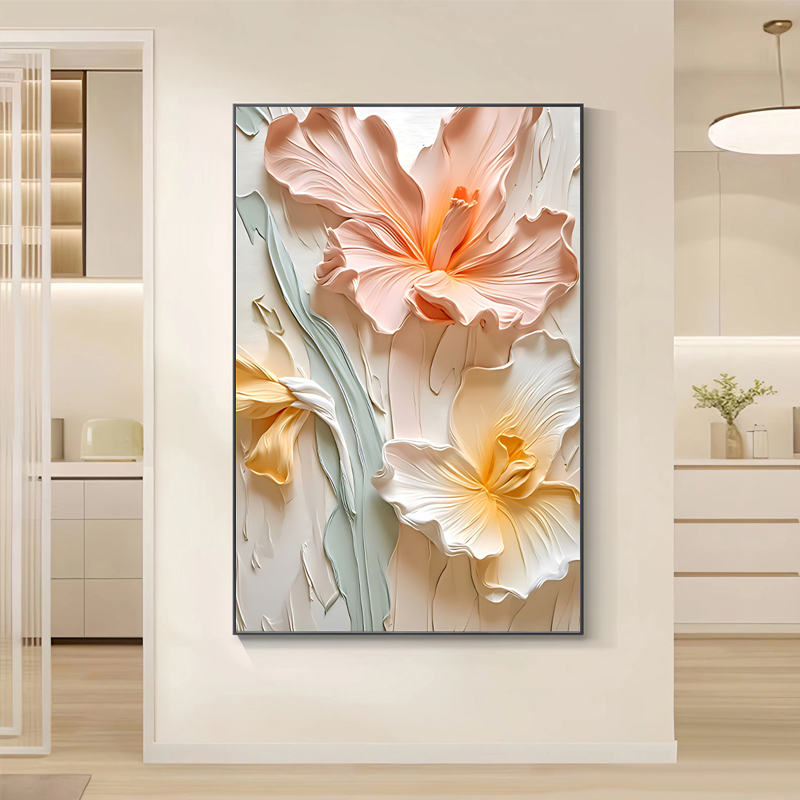花卉奶油风浮雕立体感玄关装饰画抽象温馨入户正对门壁画客厅挂画图片