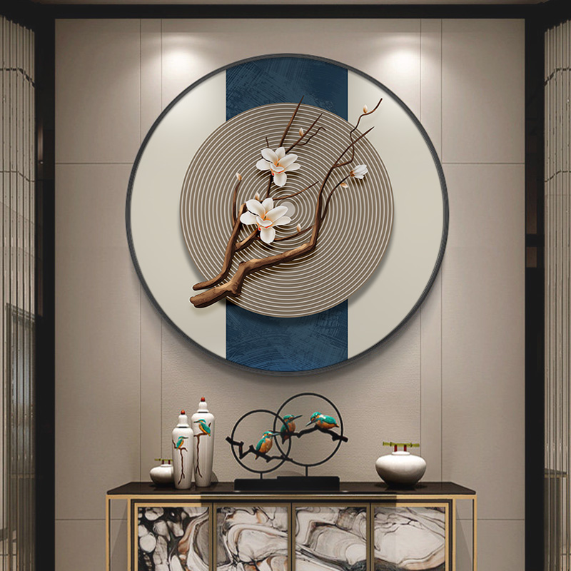 新中式餐厅挂画入户玄关装饰画书房茶室背景墙圆形壁画禅意花卉画图片