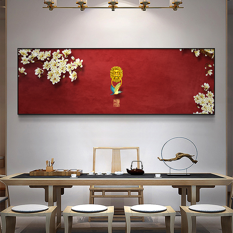 新中式古风花鸟画红色喜庆客厅装饰画沙发背景墙挂画餐厅横幅壁画图片