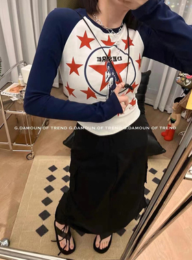 mskin6韩国小众买手设计师五角星印花美式复古长袖修紧身tee女士