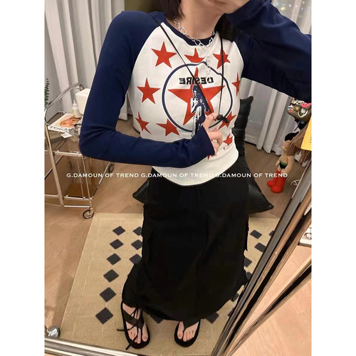 mskin6韩国小众买手设计师五角星印花美式复古长袖修紧身tee女士