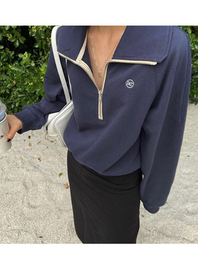 recto翻领半拉链章若楠明星同款长袖卫衣宽松短款套头上衣外套