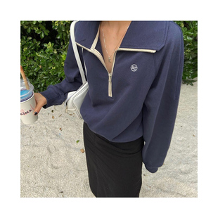 recto翻领半拉链章若楠明星同款长袖卫衣宽松短款套头上衣外套