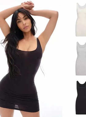 2024春夏新款skims卡戴珊圆领修紧身纯色辣妹连衣短裙易梦玲同款