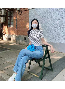 SAKS POTTS INS瑞典小众风格紧修身长短袖显瘦满印logo打底衫上衣