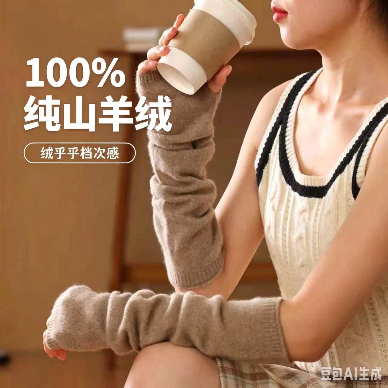 100%纯山羊绒露指堆堆长手套女长款护手臂袖套秋冬保暖高级胳膊袖