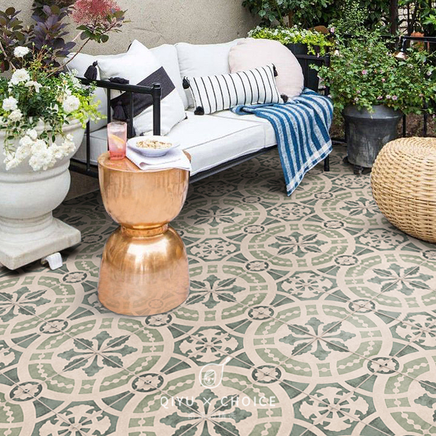 复古绿色花砖阳台瓷砖地砖庭院露台院子浴室厨房卫生间地板砖防滑,家装主材,花片,淘宝优惠券,粉丝福利购,淘宝优惠卷