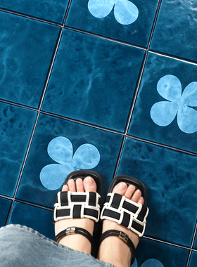 复古湖蓝色花砖浴室厨房瓷砖咖啡店商业区墙砖防滑卫生间阳台地砖