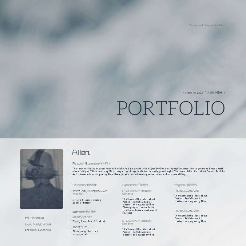 xy318冷色系ppt模版作品集浅蓝灰色艺术简约设计理念及作品汇报