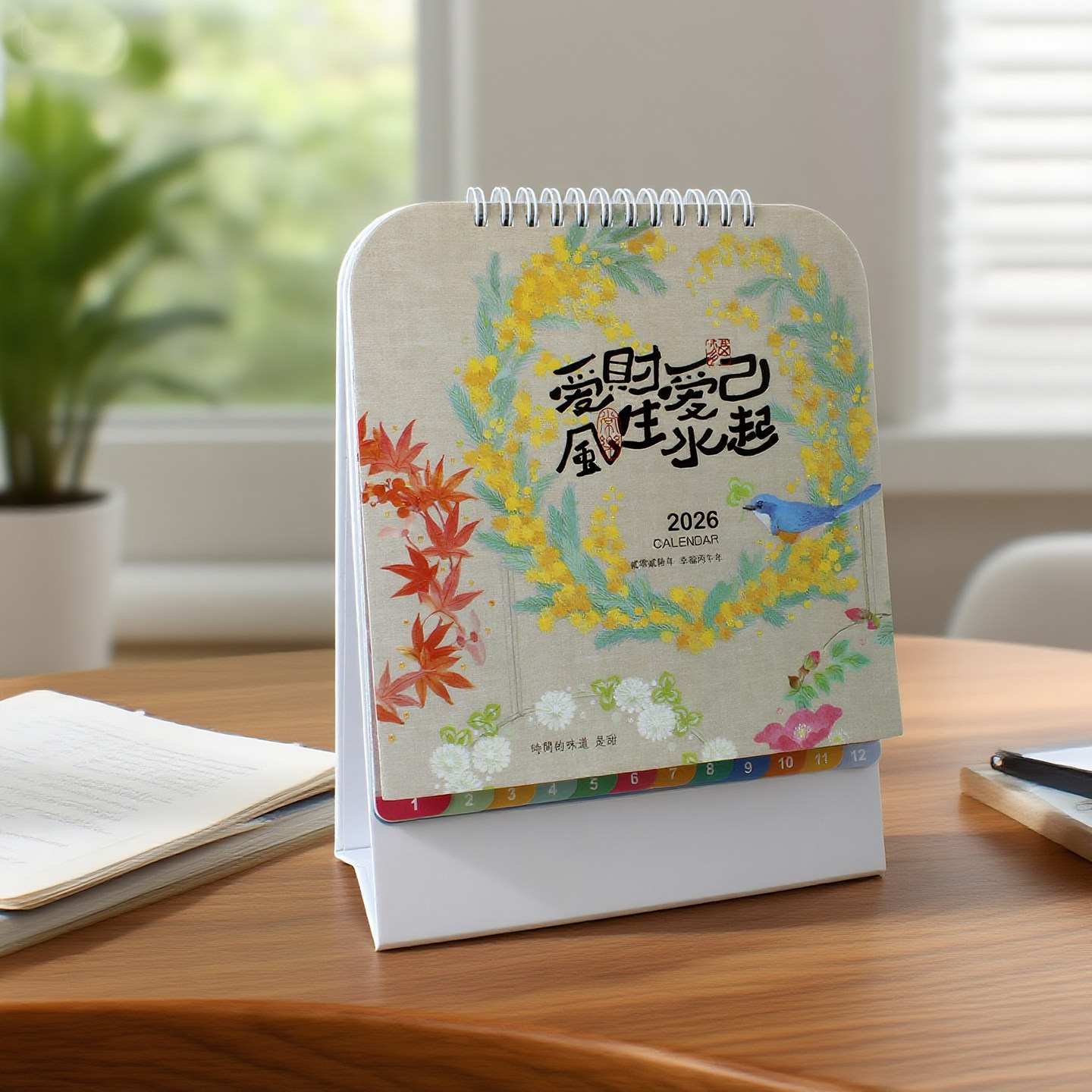 文创中国风花鸟国画艺术月历2026马年桌面竖架式企业广告台历现货,文具电教/文化用品/商务用品,台历,淘宝优惠券,粉丝福利购,淘宝优惠卷