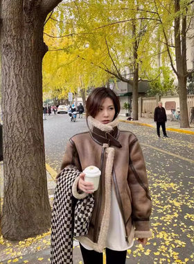 皮毛一体羊羔毛外套女2025新款冬季麂皮绒机车服夹克羊羔绒棉服