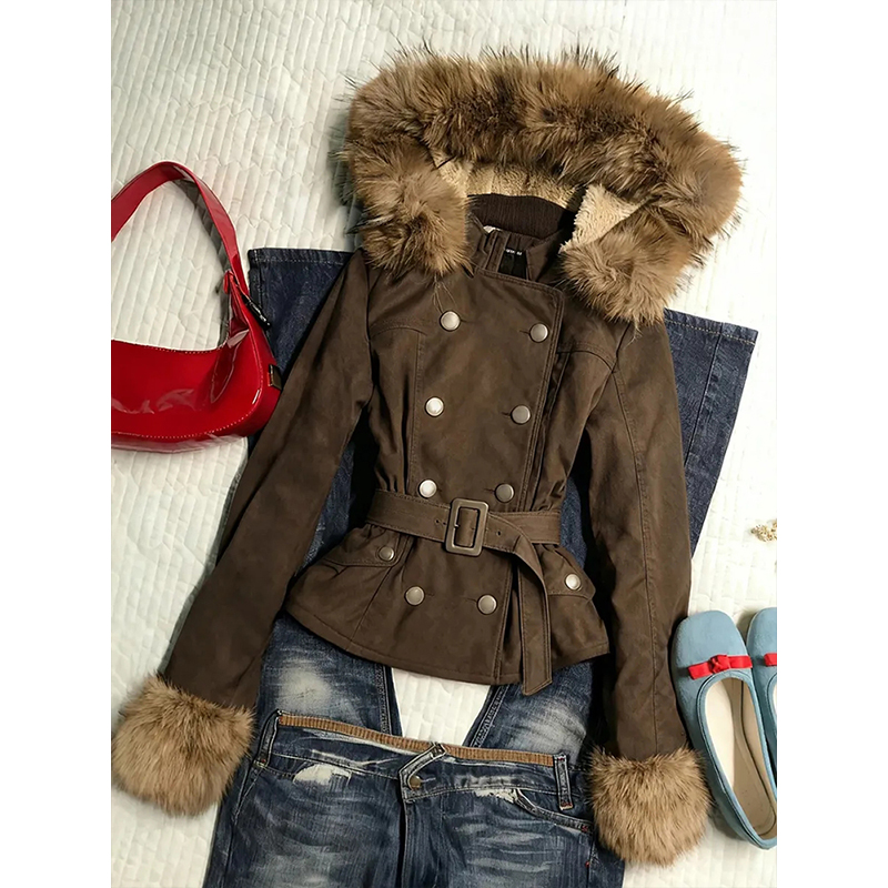 古着vintage棕色双排扣毛领外套女秋冬复古小众收腰显瘦连帽上衣