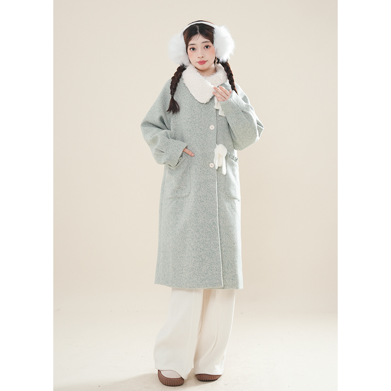 毛毛娃娃领加厚外套女冬季斜门襟绿色中长款毛呢甜美森系可爱大衣