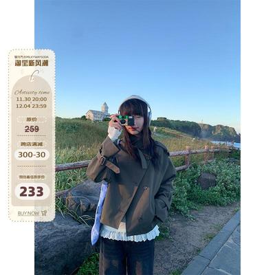银河汽水 秋季小个子长袖上衣小众宽松立领短款墨绿色风衣女外套