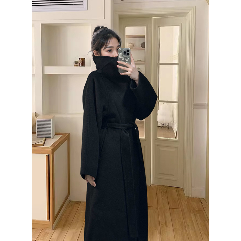 经典黑色复古炸街飒气立领绑带毛呢大衣女冬季2025年新款韩系外套
