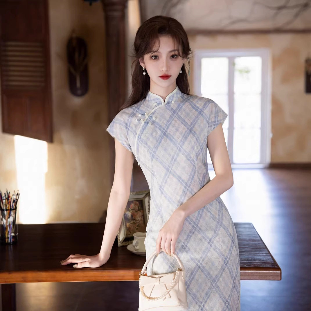 蓝白格纹短袖旗袍女夏修身显瘦连旗袍