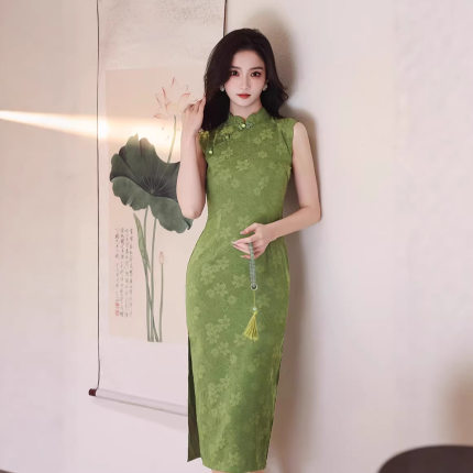 绿色旗袍2026新款改良显白无袖款气质绝美连衣裙年轻日常夏