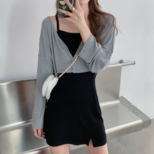 New long sleeve versatile foreign style sunscreen small coat, careful machine split sling skirt, two-piece set, female