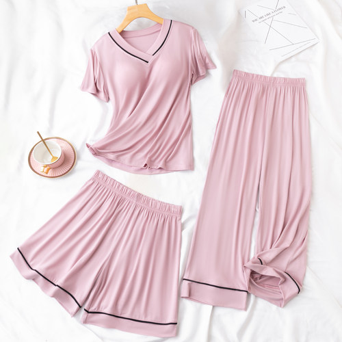 2026年新款夏季薄款莫代尔睡衣纯棉女士宽松简约带胸垫家居服套装