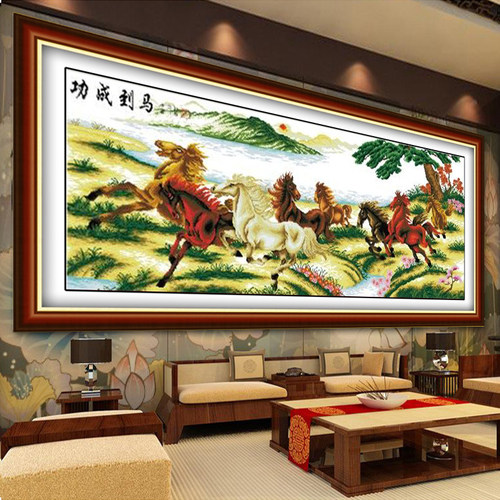 手工八骏图马到成功八匹马机绣十字绣成品绣好的客厅简约装饰挂画