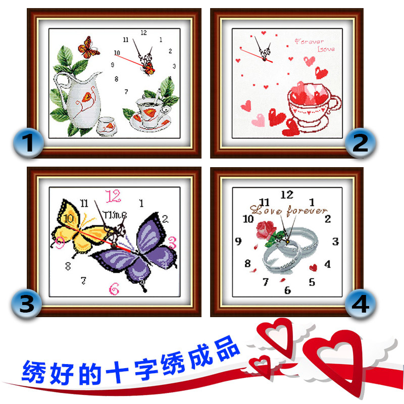 钟表画爱的献礼杯中情蝴蝶绣好的电脑机绣十字绣成品客厅小幅挂画