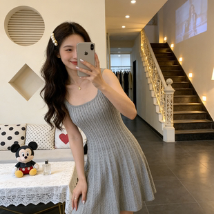a字收腰裙子 新款 纯欲U领修身 吊带连衣裙女麻花针织短裙夏季