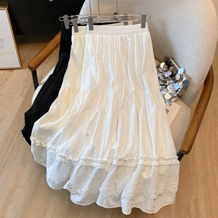 蕾丝花边拼接半身裙女2026春夏新款 高腰显瘦甜美百搭a字伞裙