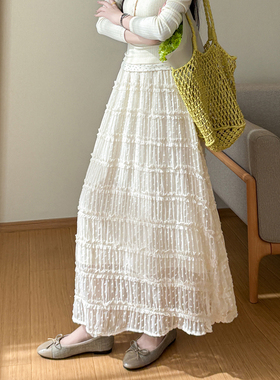 白色中长款半身裙女2026春夏新款雪纺拼接木耳边a字蛋糕裙长裙女