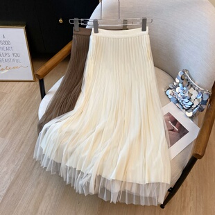 温柔风双面穿网纱百褶半身裙女春夏显瘦中长款 纱裙子垂感A裙