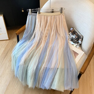渐变网纱拼接蓬蓬半身裙女2026春新款 a字百搭纱裙 高腰中长款