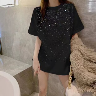 2026年新款 T恤显瘦宽松亮闪闪上衣 上档次重工满天星烫钻美式