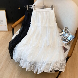 法式 高腰A字宽松层层蛋糕裙女 仙女气质蕾丝拼接半身裙女夏季