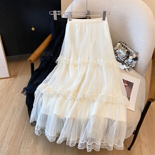 白色蕾丝拼接半身裙女2026春夏新款 显瘦a字蛋糕裙网纱蓬蓬裙