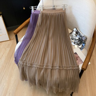 两面穿网纱半身裙女2026夏季 高腰a字百褶裙长裙垂感纱裙女 款