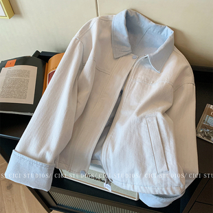 小香风浅蓝色翻领牛仔外套女秋季2025新款高级感撞色休闲夹克上衣