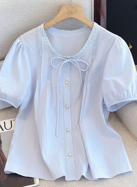 夏季新款韩版宽松蕾丝拼接圆领短袖衬衫女休闲百搭减龄蝴蝶结上衣