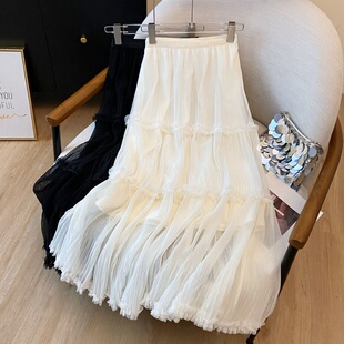 半裙裙子 a字裙高腰中长款 网纱百褶裙半身裙女2026春夏季 新款