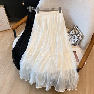 褶皱网纱拼接半身裙女2026春夏新款 裙女 高腰显瘦A字裙中长款