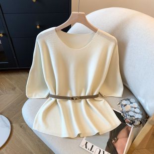 配皮带上衣女夏季 法式 针织衫 圆领宽松短袖 纯色慵懒风薄款