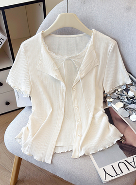 2026夏季T恤圆领蕾丝边蝴蝶结假两件纯棉设计感洋气短袖女