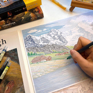卡通线条画环球旅行风景画临摹图稿素材控笔练习手部康复上班摸鱼