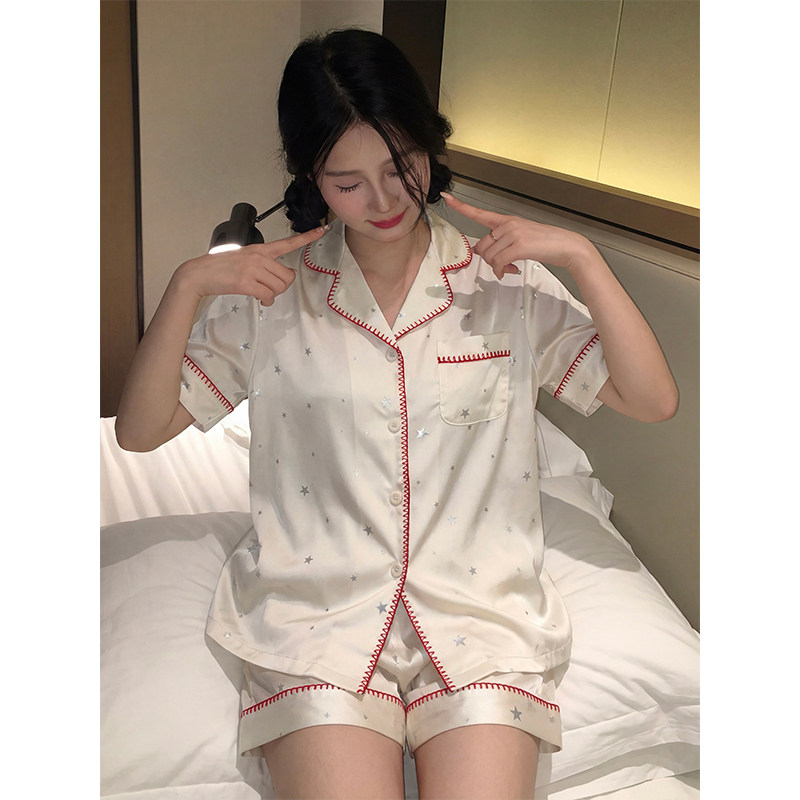 韩版系冰丝睡衣女夏季开衫式短袖短裤超柔软凉感家居服套装可外穿