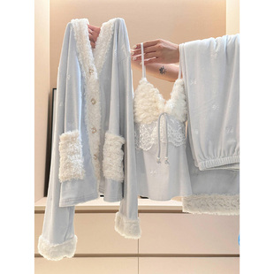 软糯甜美少女吊带毛绒睡衣女秋冬季新款加厚家居服外套长裤三件套