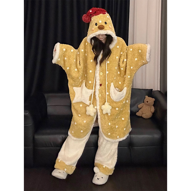 萌系可爱卡通连帽长袖睡袍少女秋冬保暖长裤波点家居服套装可外穿