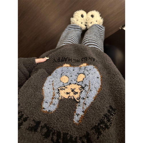 猫咪条纹半边绒睡衣女秋冬季