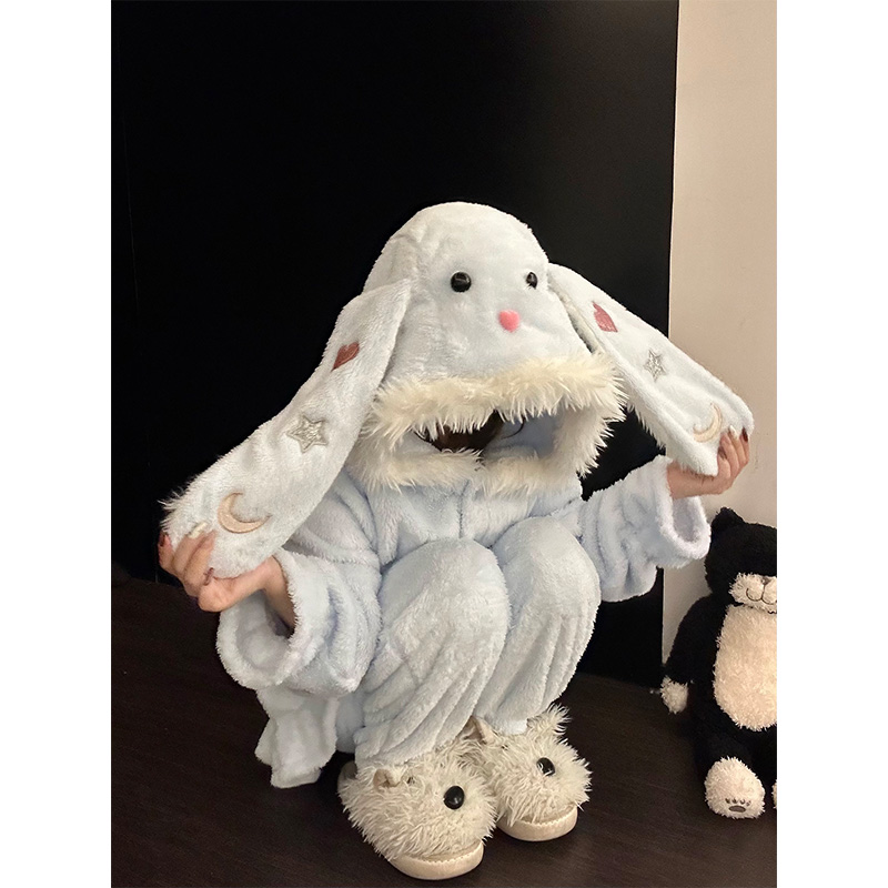 可爱连帽兔子耳朵长袖睡衣女冬季