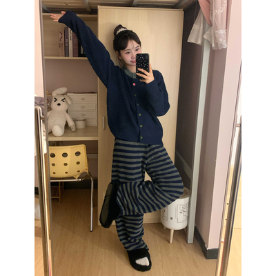 条纹休闲秋冬软绵绵半边绒睡衣女