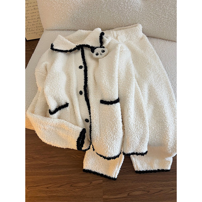 熊猫印花毛绒针织长袖睡衣女秋冬