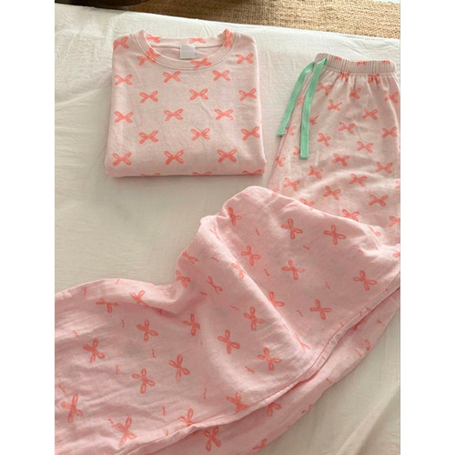 蝴蝶结印花长袖长裤睡衣套装女秋
