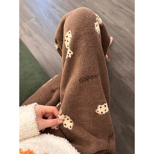 可爱斑点狗印花毛绒休闲睡裤女秋冬季网红风新款家居服遛弯裤长裤